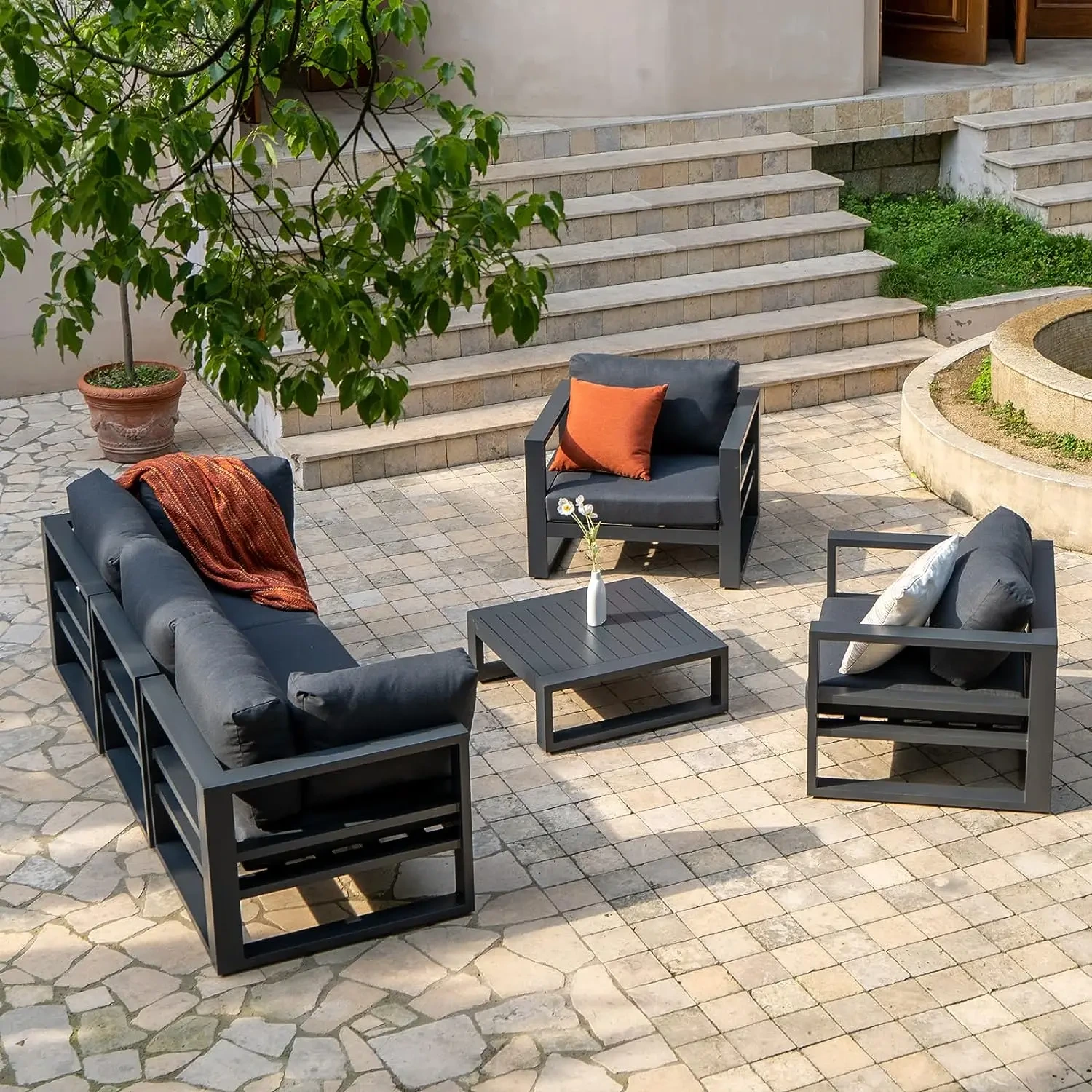 Ensemble de Conversation extérieure en métal 6 pièces meubles de Patio de salon en aluminium siège sectionnel modulaire avec Tables basses ensemble de canapé de jardin 1
