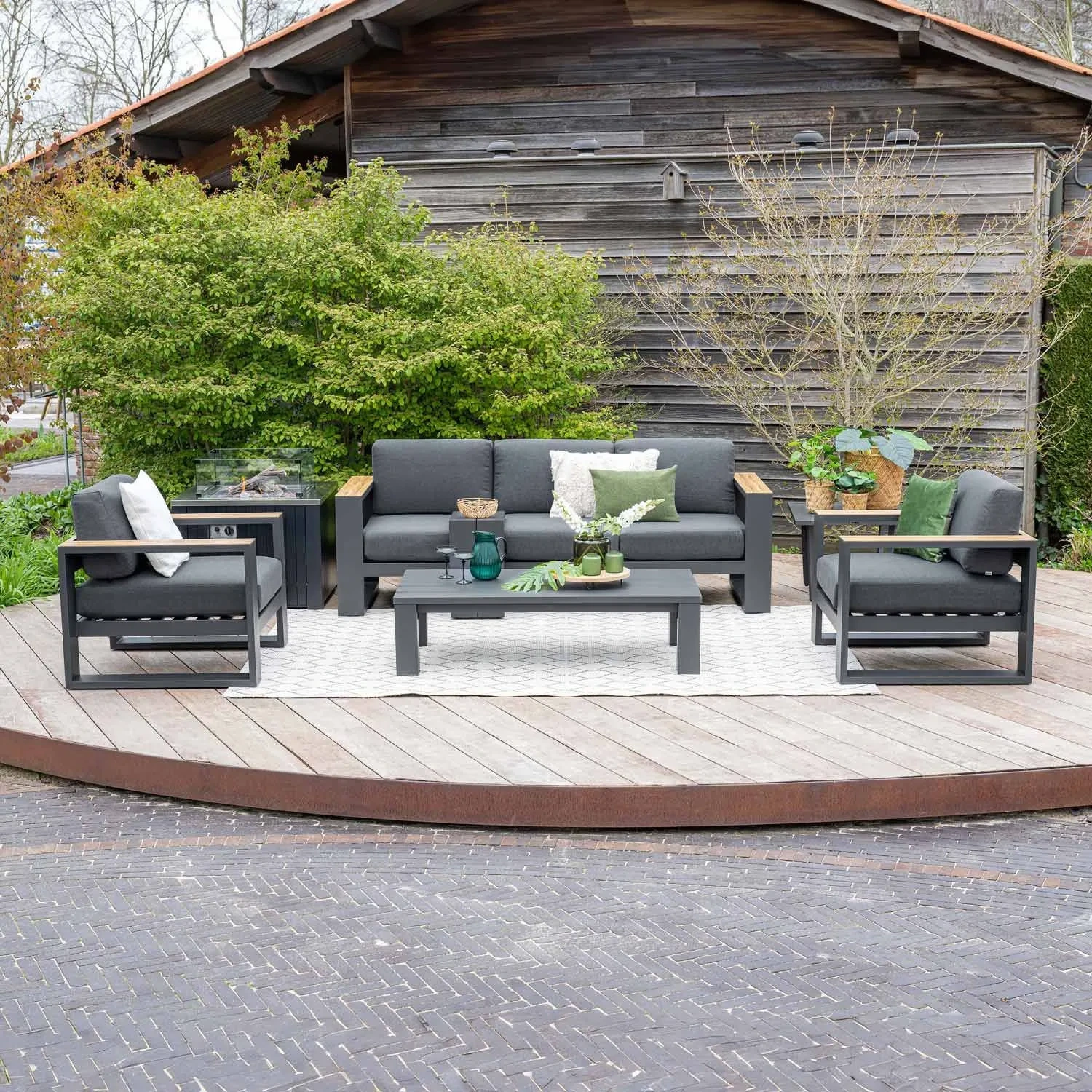 Aluminium Outdoor Furniture Patio Lounge Chair Metal 4 - Person Seating Group With Teak Wood Waterproof Garden Sofa Set 1