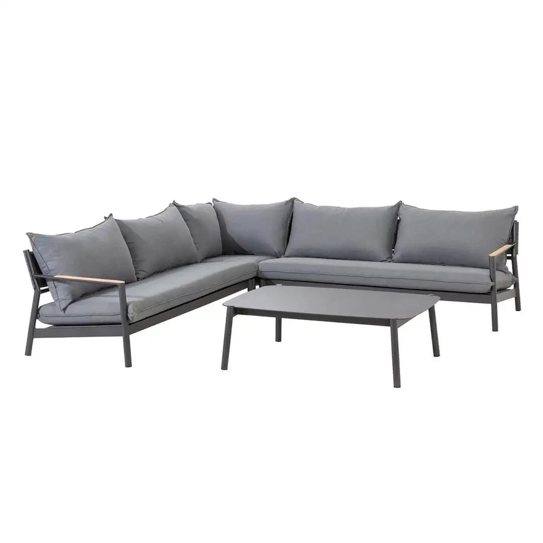 Luxury Aluminium Furniture Patio Sofa Sets Withteak Wood Arm Outdoor Waterproof Metal Sectional Lounge With Cushions Garden Sofa 1