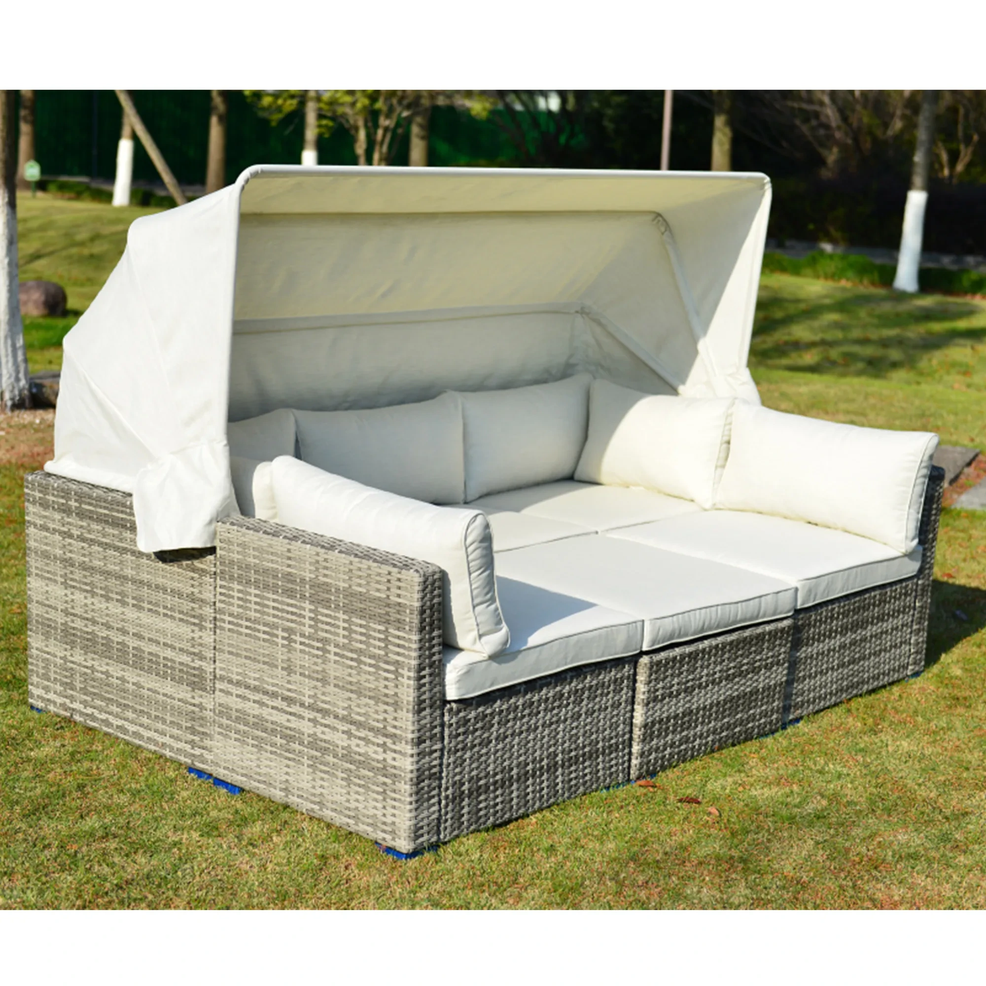 Meubles en métal et rotin Pe, tous temps, lit de bronzage d'extérieur, ensemble de Patio, auvent rétractable, canapé de jardin avec pare-soleil 1