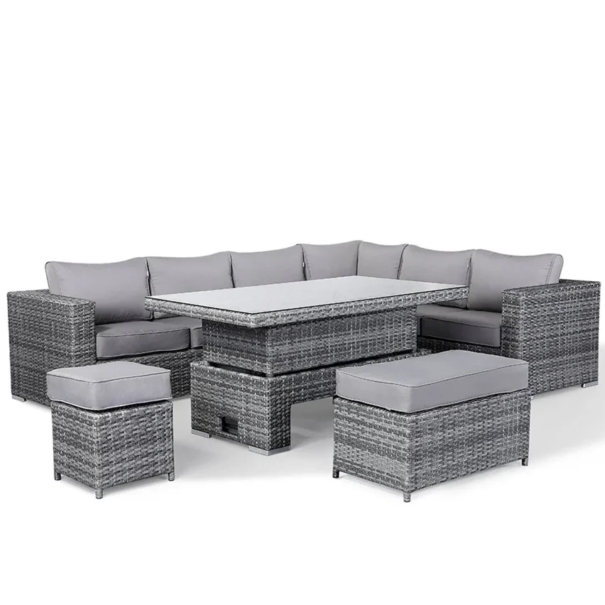 Ensemble de canapé d'extérieur en rotin métallique imperméable, meubles de jardin, cadre en aluminium, 7 pièces, ensembles de salle à manger de Patio, Table réglable 1