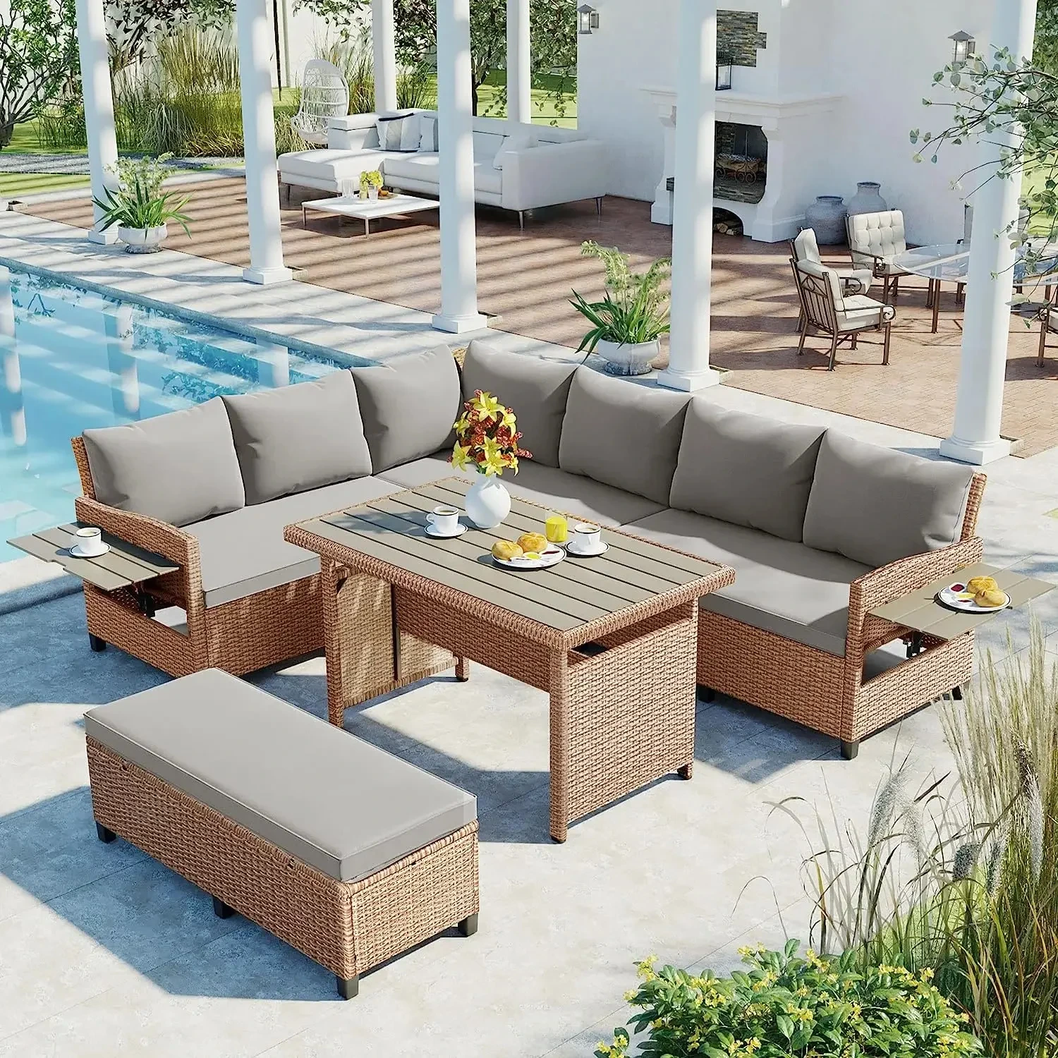 Ensemble de salon d'extérieur en rotin, canapé de jardin en osier avec Table réglable en hauteur, Tables de Patio, chaises &, ensemble de salle à manger 1