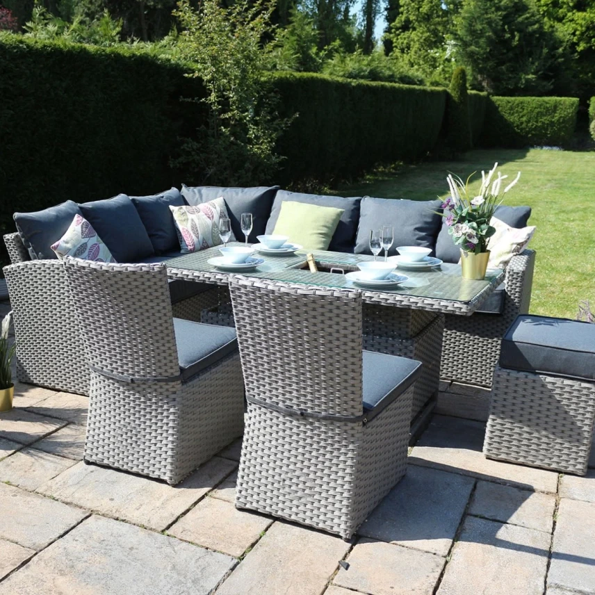 Meubles de Patio, canapé en rotin Pe en forme de L, Table seau à glace réglable en hauteur, ensembles de salle à manger d'extérieur en osier, ensembles de salon de jardin 1