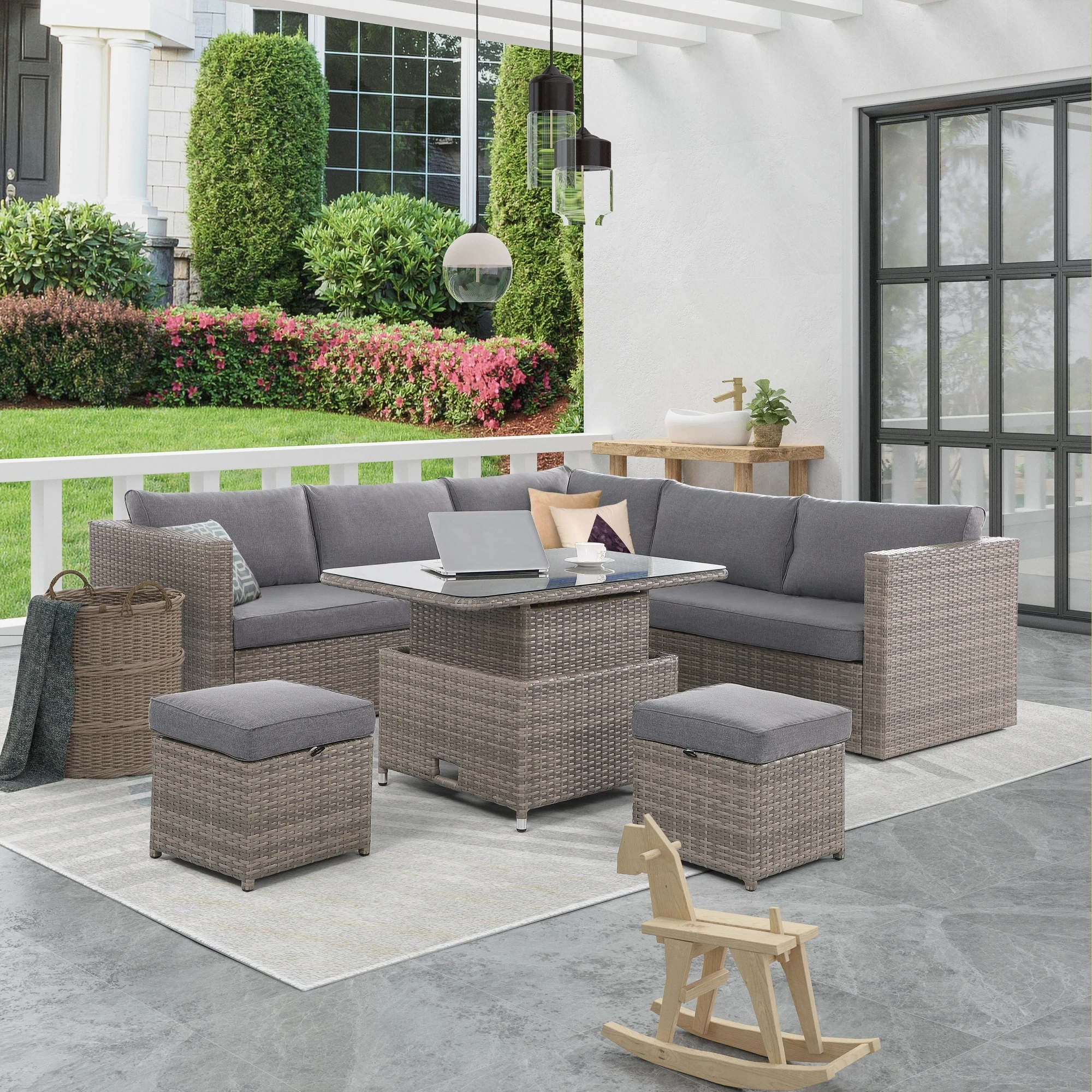 Canapé Design L résistant aux intempéries, mobilier de jardin en porcelaine, avec Table réglable en hauteur, ensemble de canapés de Patio, en rotin gris et en osier 1