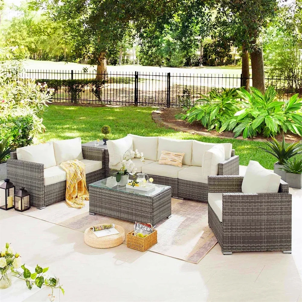 Salon de luxe Patio meubles en rotin sièges de jardin extérieur L forme en osier canapé sectionnel ensembles canapé d'angle moderne avec pouf 1