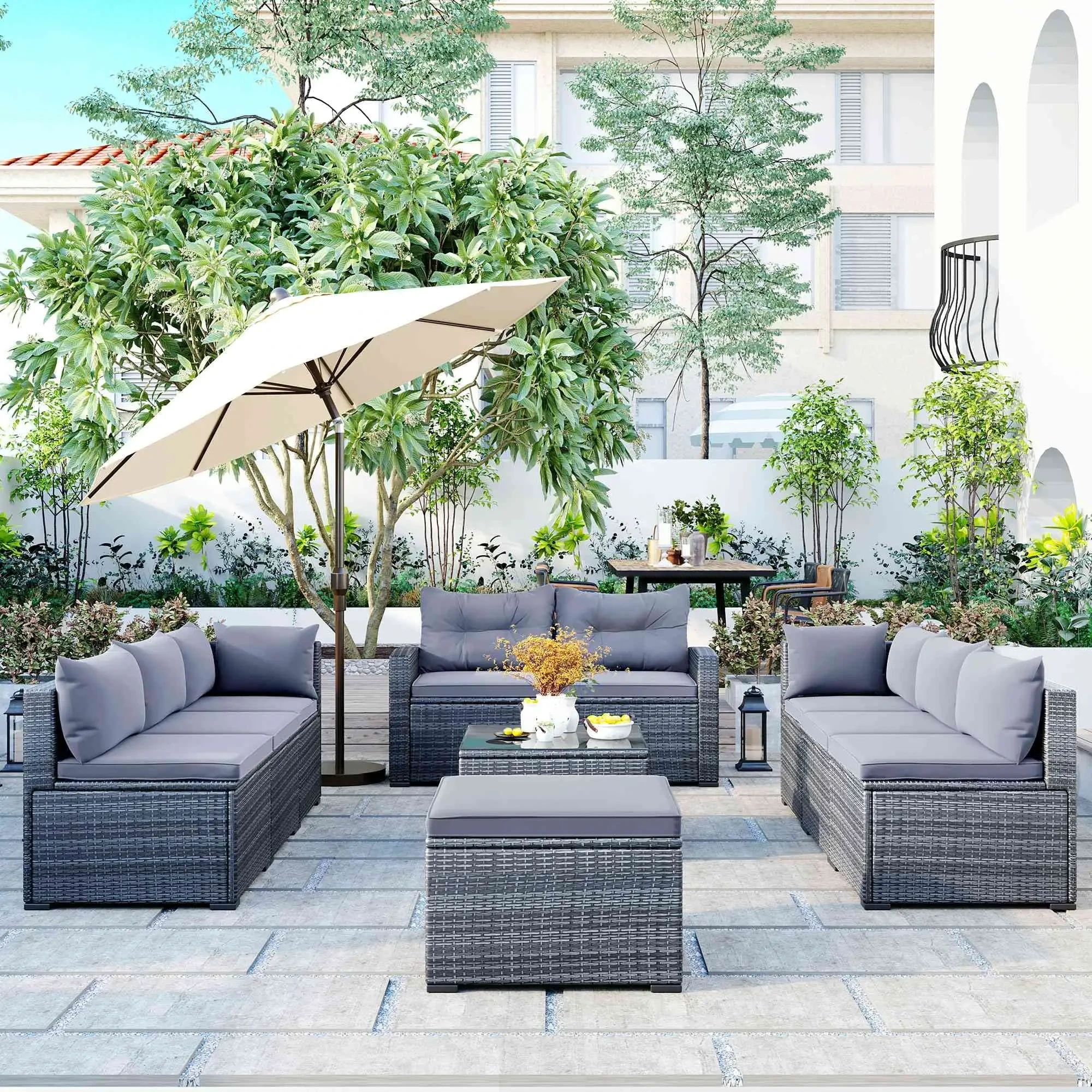 Meubles d'extérieur en rotin, canapé de conversation de jardin, Patio, osier, ensembles de salon en forme de U avec coussins, canapé d'angle de cour moderne 1