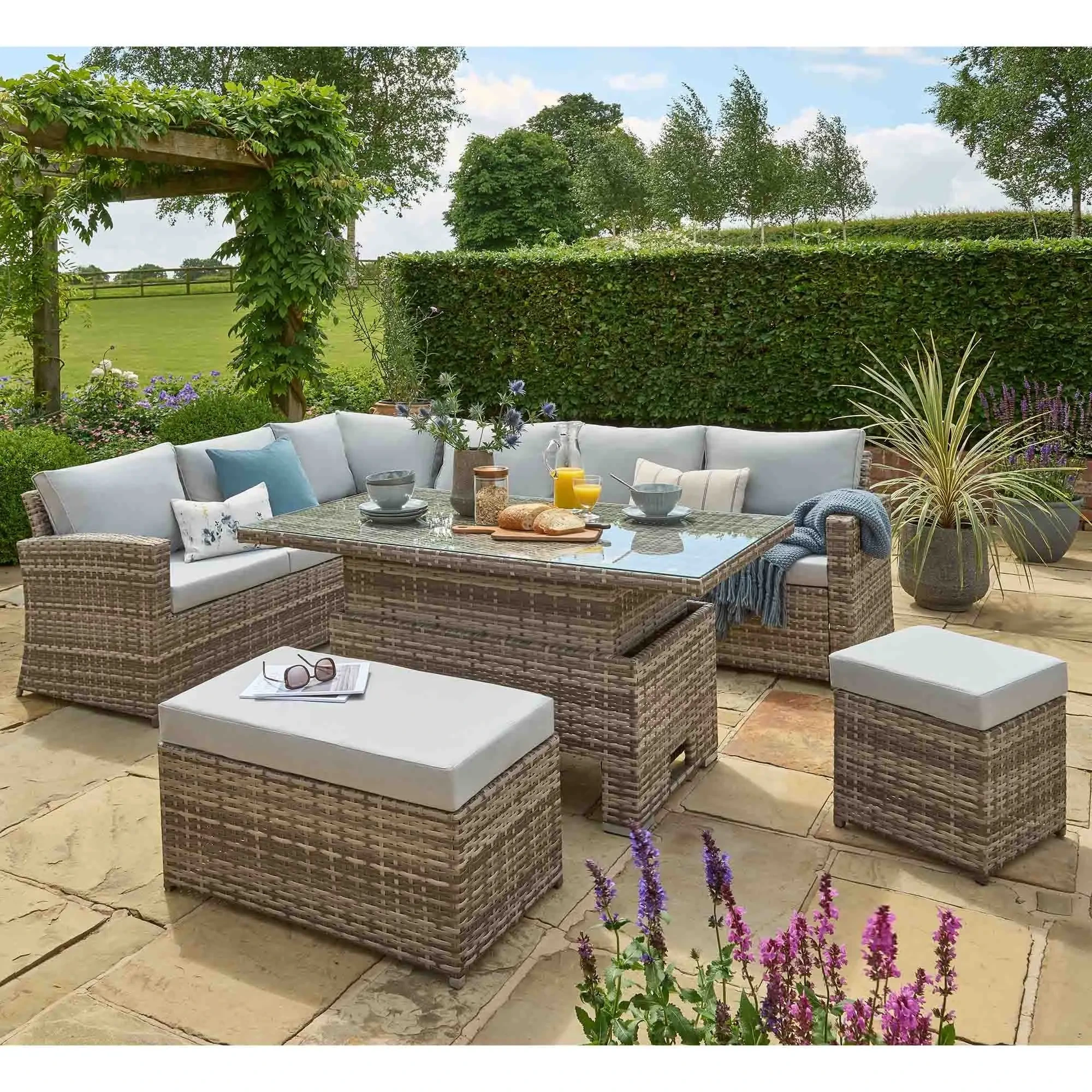 Mobilier d'extérieur imperméable en aluminium, ensemble de salle à manger de Patio en osier, canapé d'angle en rotin avec Table réglable en hauteur 1