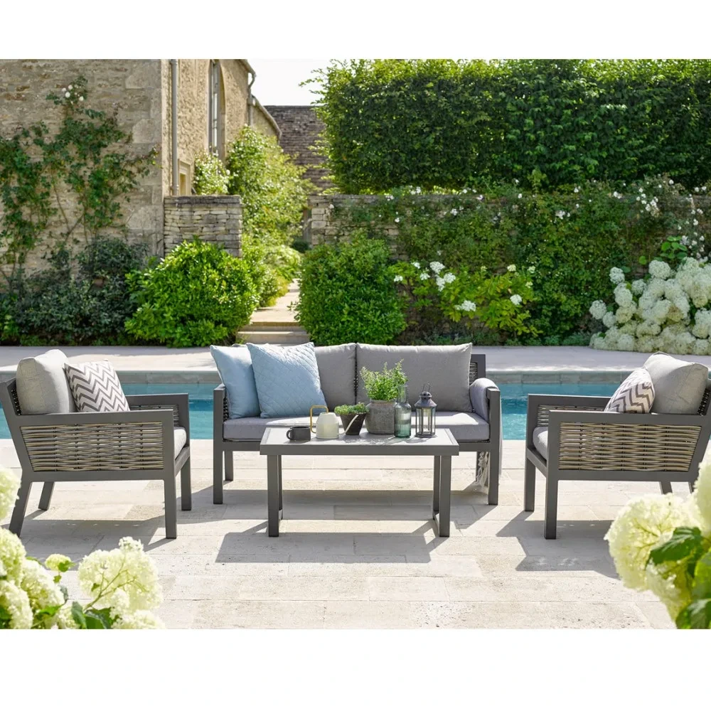 Meubles d'extérieur en osier et métal, ensemble de Conversation de luxe en aluminium, canapé en rotin avec Table basse, ensemble de jardin 1
