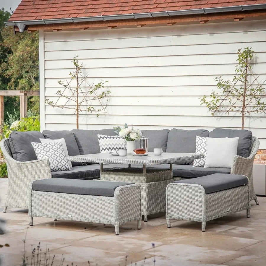 Patio imperméable gris PE canapé en rotin carré table à manger réglable en céramique & 2 bancs meubles de jardin ensemble de canapé d'angle extérieur 1