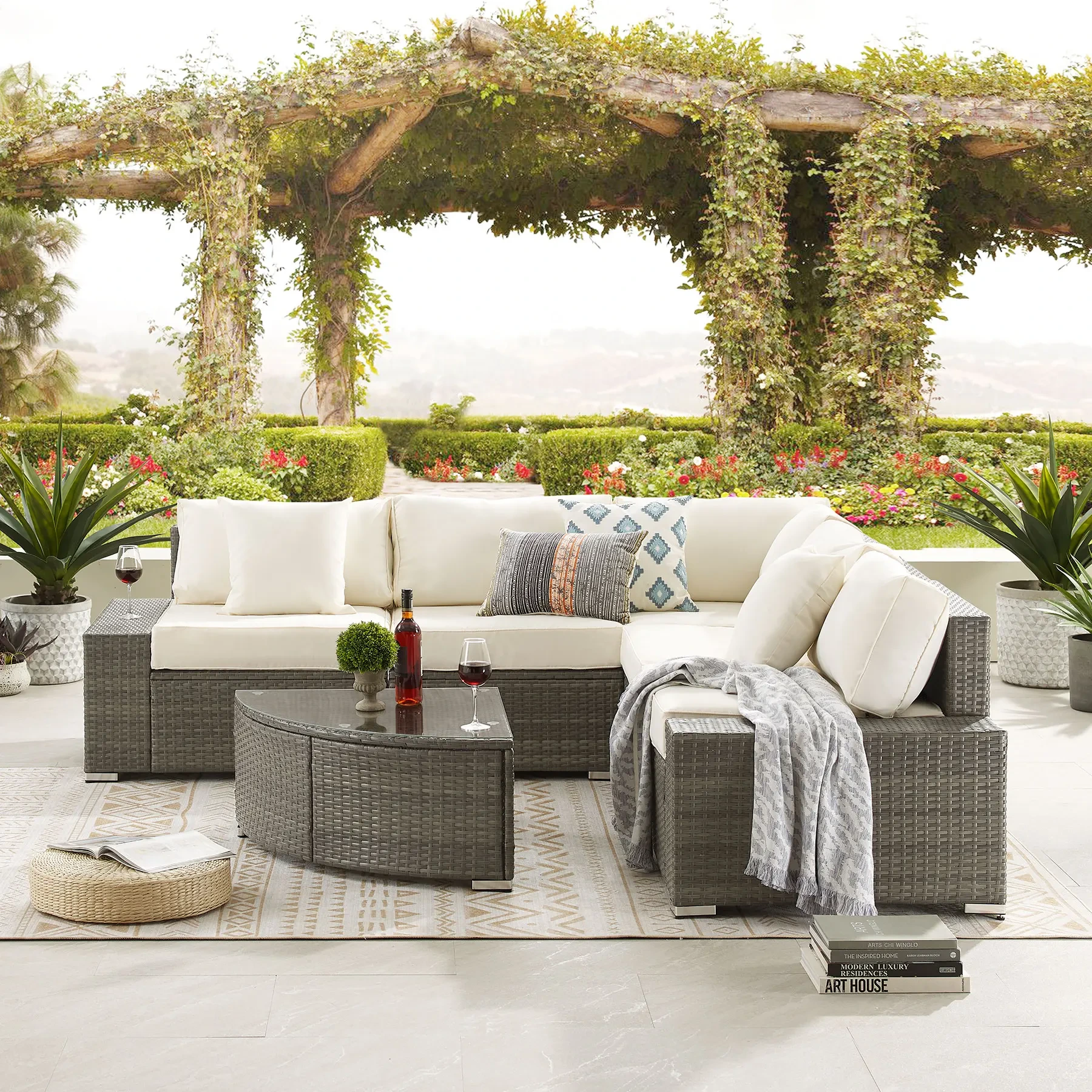 Mobilier d'extérieur imperméable pour jardin, ensemble de salon en forme de L, canapé sectionnel en osier, groupe de sièges de jardin en rotin avec coussins 1