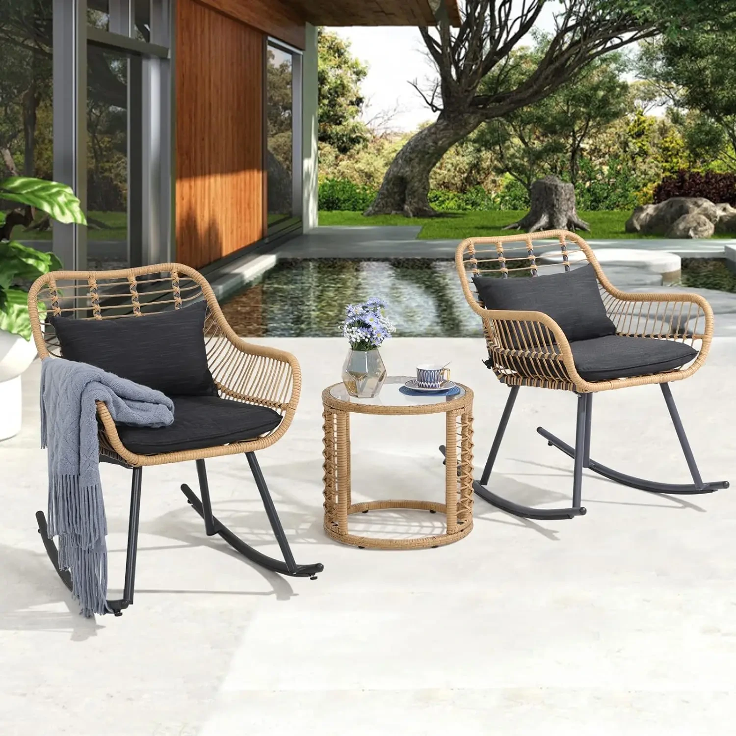 Mobilier de jardin artisanal, ensemble de 3 tables et chaises de vie de Patio, chaise pivotante d'extérieur moderne en osier 1