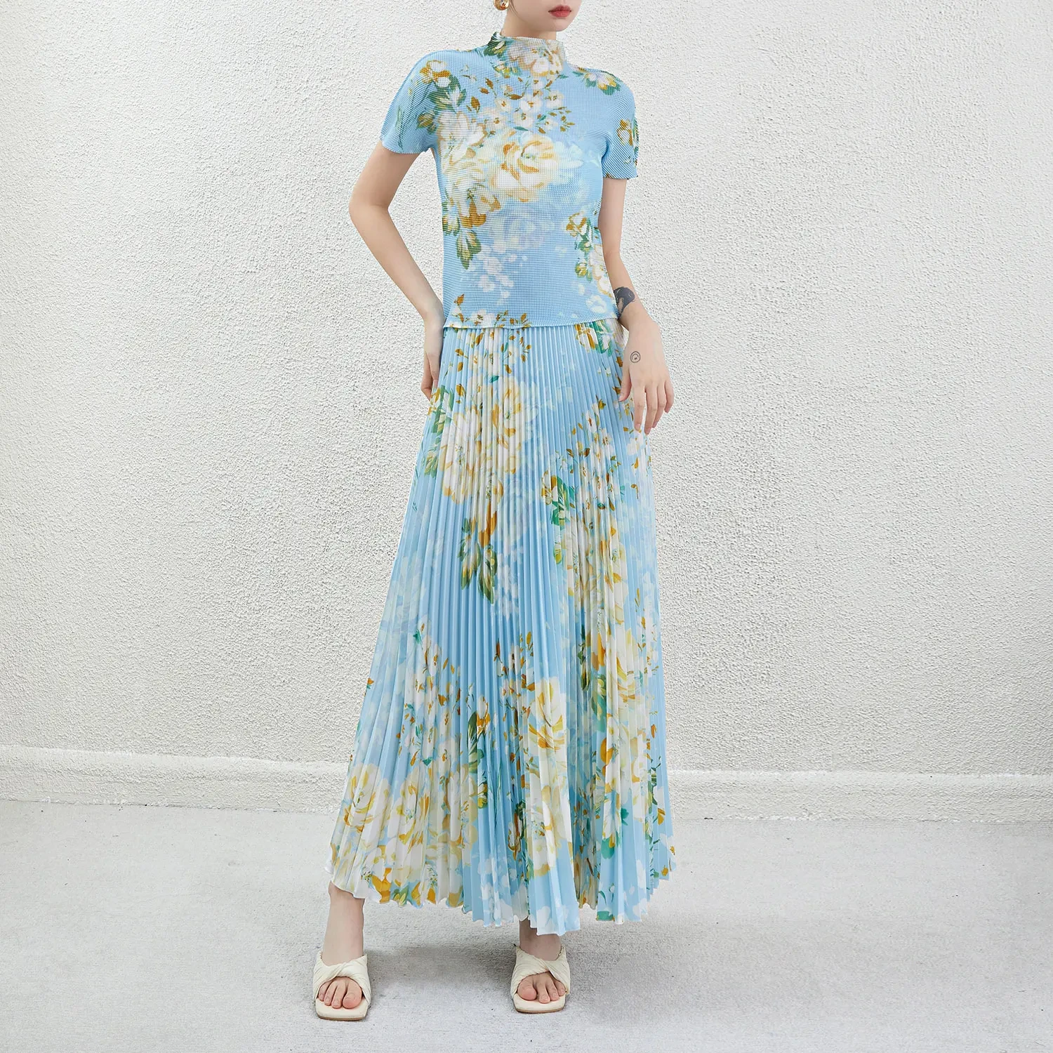 Ensemble deux pièces pour femmes, chemise plissée imprimée, élastique, manches courtes, jupe longue plissée imprimée, haute qualité, 2024 1