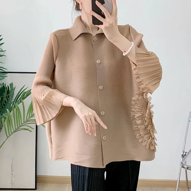 2024 High Quality New Lapel Flowered Coat Tops For Women Beaded Pleated Shirts Pleated Women's Casual Tops 1