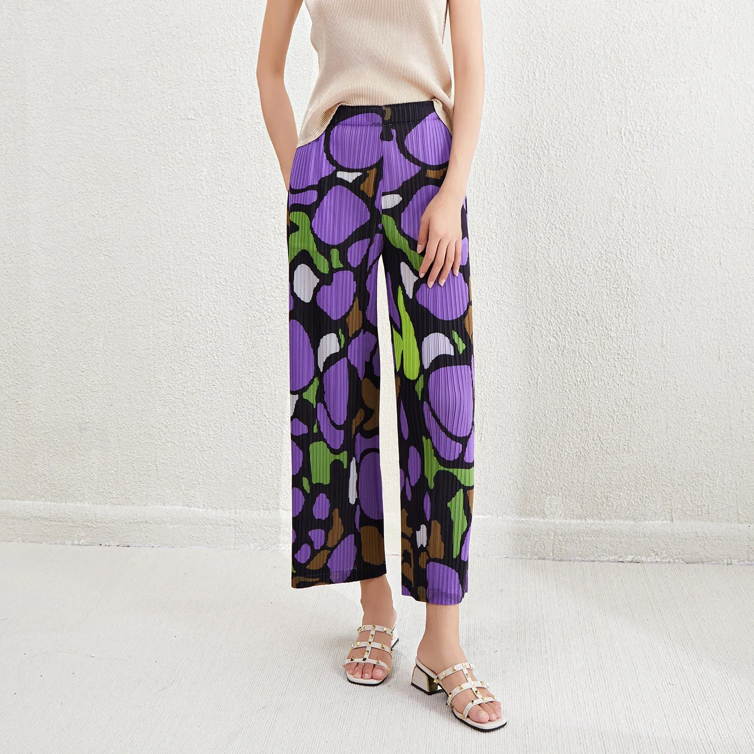 High Quality Pleated Pants Women Loose Long Wide Leg Pants Printed High Waist Women Casual Pants 1