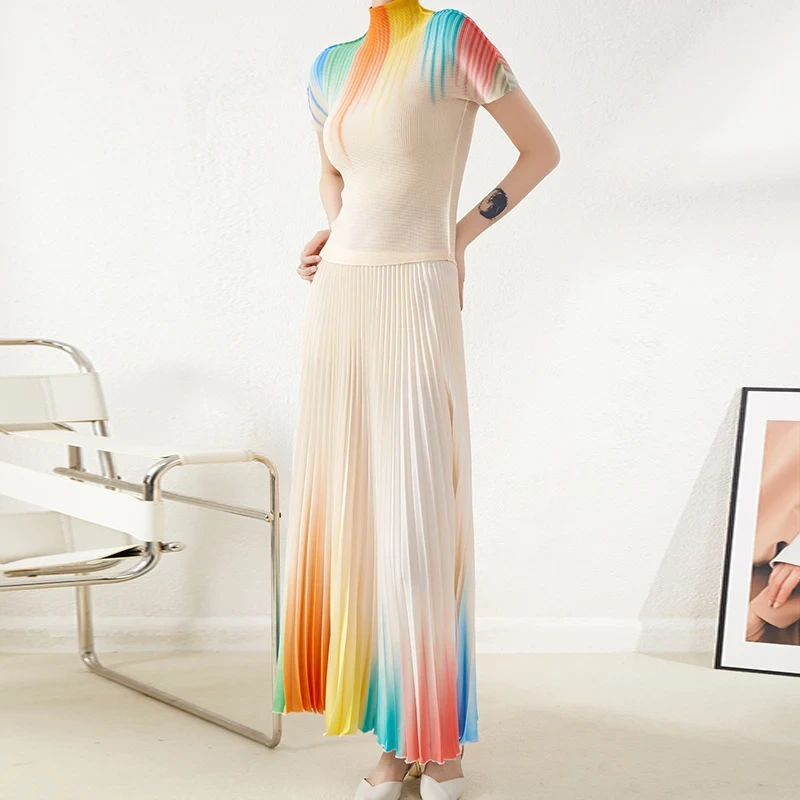 2023 neue Design Casual Sommer Zwei Stück Set Mode Plissee Hemd Plissee Druck Frauen Elegante Plus Größe Langen Rock 1