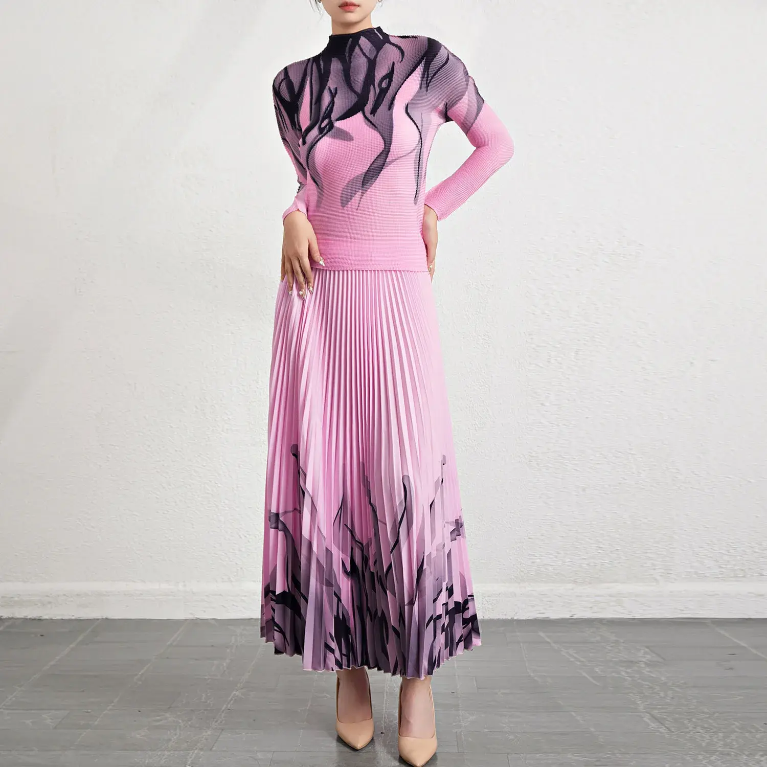 Long Sleeve Pleated High Neck Gown - - Pleats Clothing 7
