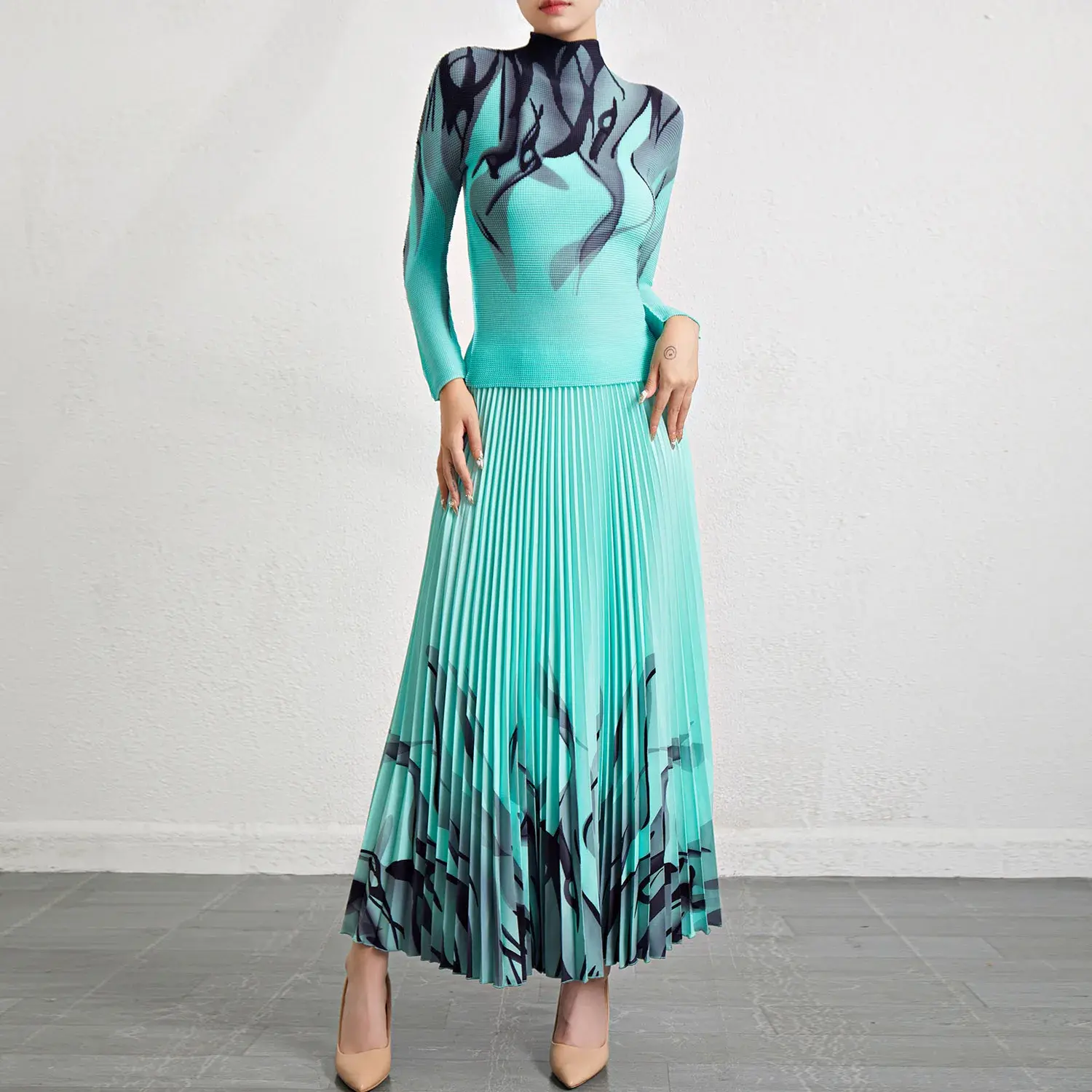 Long Sleeve Pleated High Neck Gown - - Pleats Clothing 2
