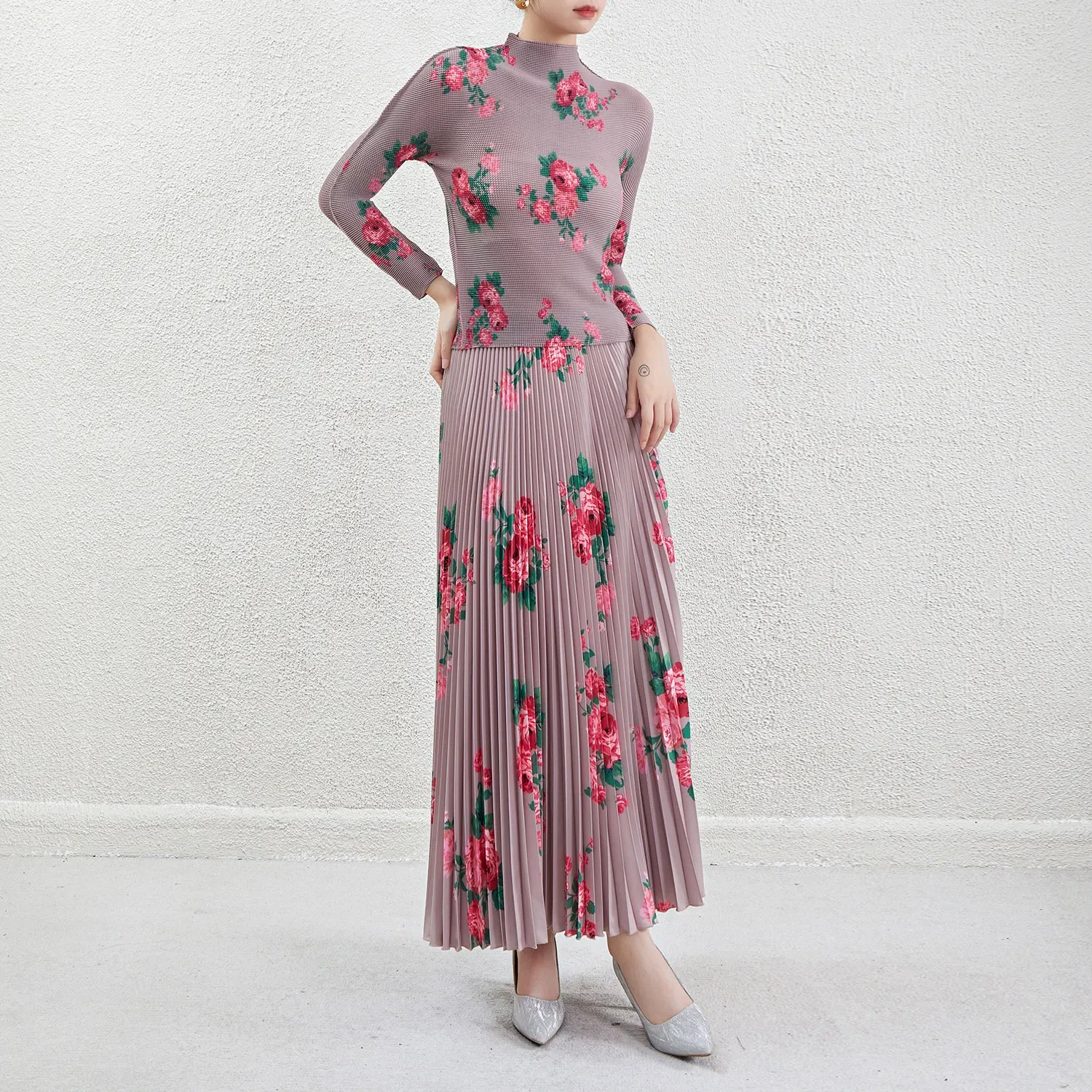 High Quality Fashion Casual Set Stretch Women's Floral Print Accept Customization Long Sleeve Top Pleated Skirt 2 Piece Set 1