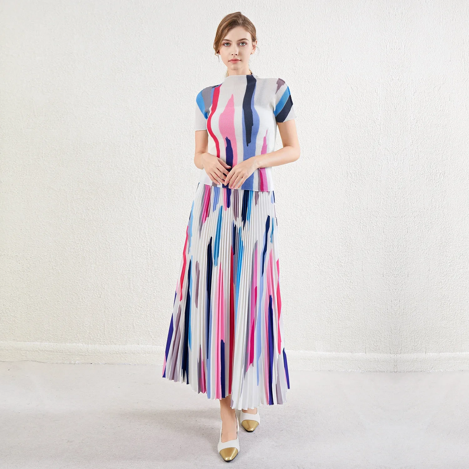 Hochwertiger Miyake Damen-Bedruckter Faltenrock, elastisches Rundhals-Oberteil, lockeres, knöchellanges, plissiertes zweiteiliges Set 1