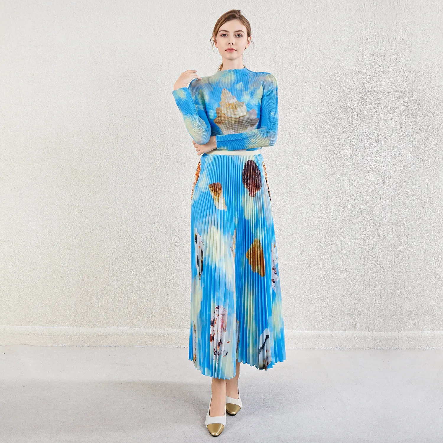 Плиссированная юбка Miyake, комплект из двух предметов, модный топ с длинными рукавами, юбка с принтом, повседневный женский комплект из 2 предметов, принимаем на заказ 1