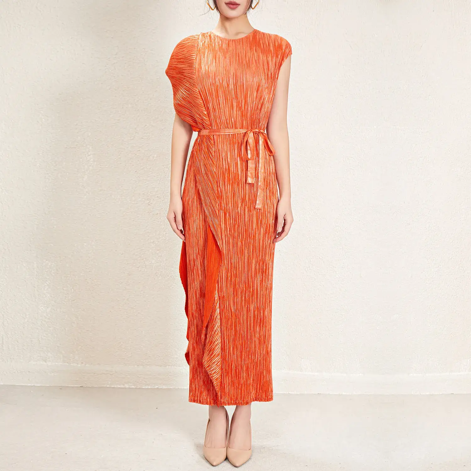 Pleated Gown with Sleeves Anti-Shrink - - Pleats Clothing 3