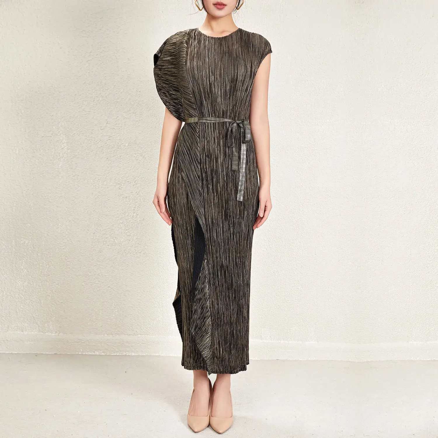 Pleated Gown with Sleeves Anti-Shrink - - Pleats Clothing 4