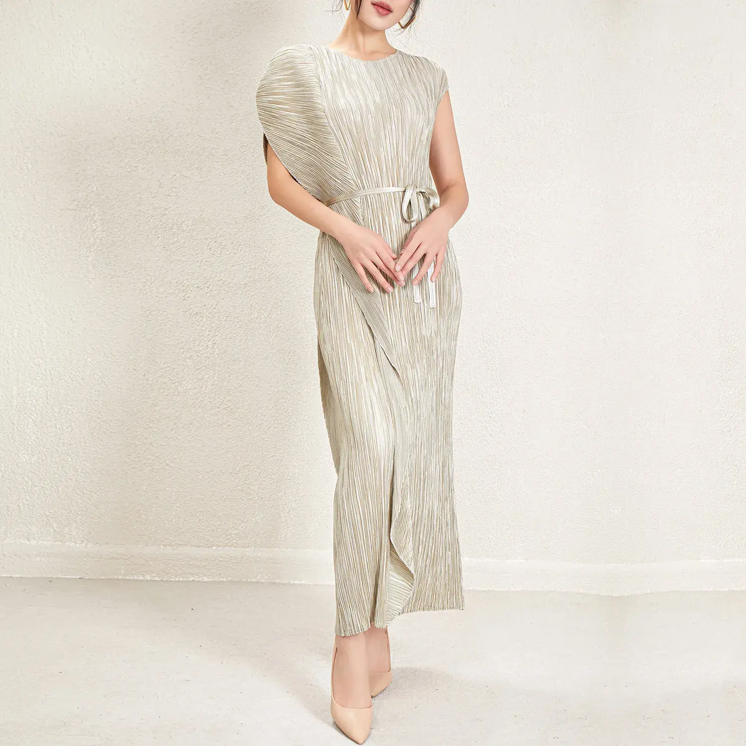 Pleated Gown with Sleeves Anti-Shrink - - Pleats Clothing 5
