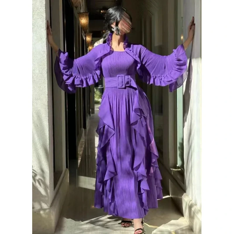 2024 meistverkaufte Kleider, elegante Falten, modisches Rundhalskleid für westasiatische Frauen, Rüschen-Swing-Kleid 1