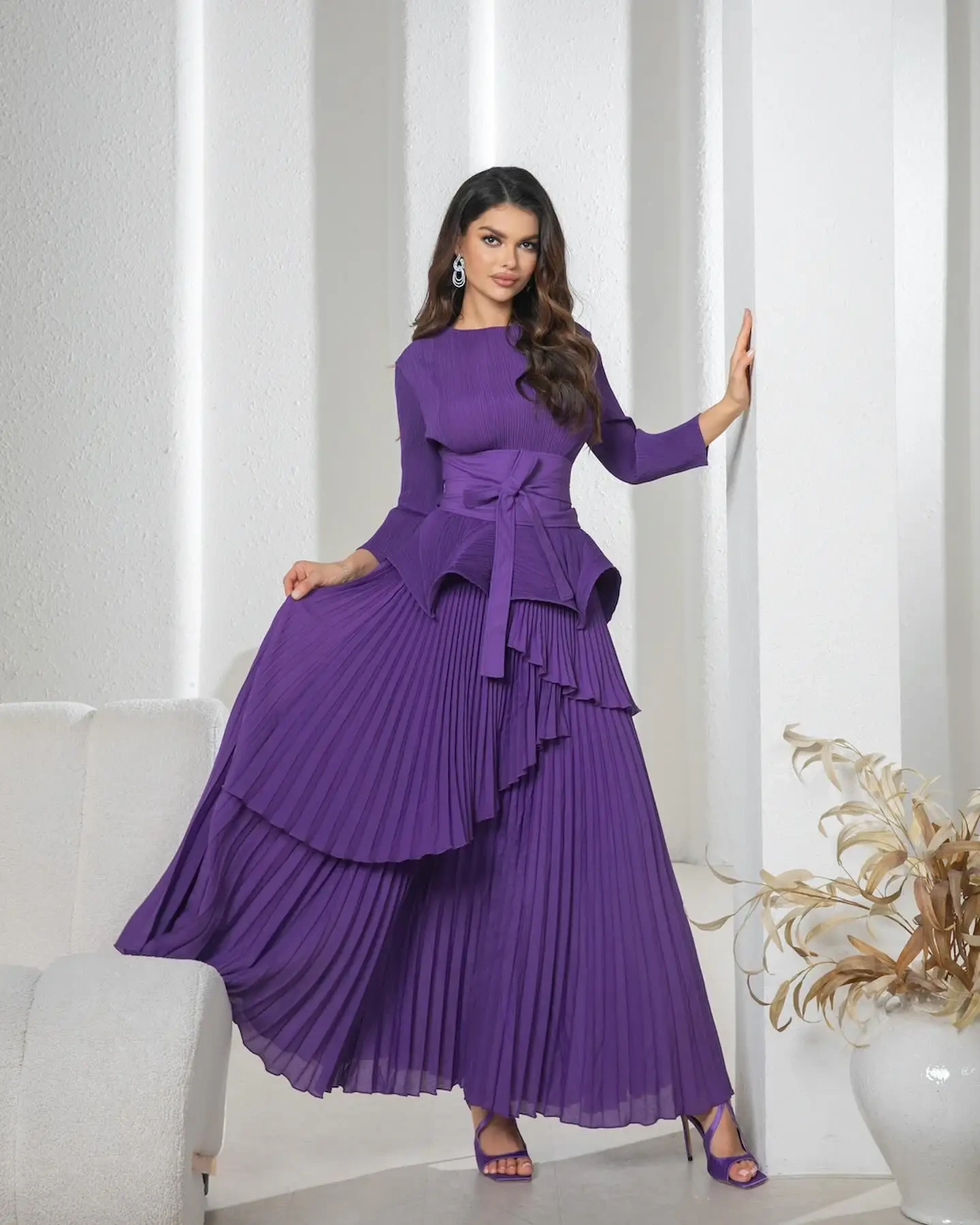 Modest Pleated Irregular Lantern Dress Long Swing Skirt Evening Dress Middle Eastern Casual Two-piece Women Dress 1