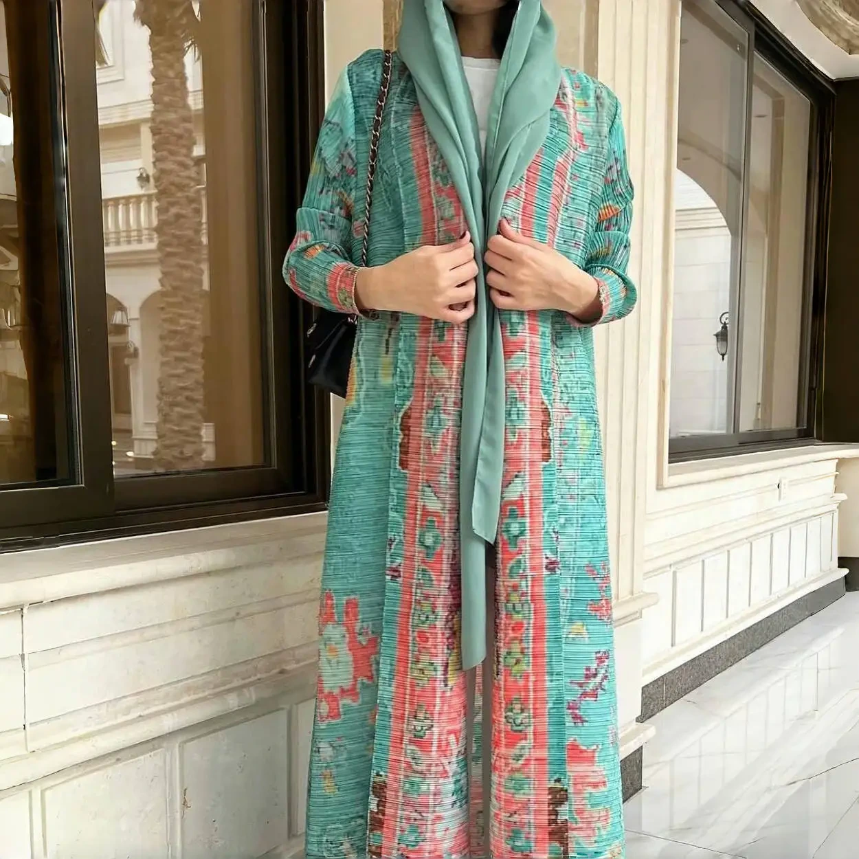 2024 Hot-selling Middle Eastern Casual Muslim Abaya Dress Stylish And Elegant Open-front Belted Pleated Abaya 1