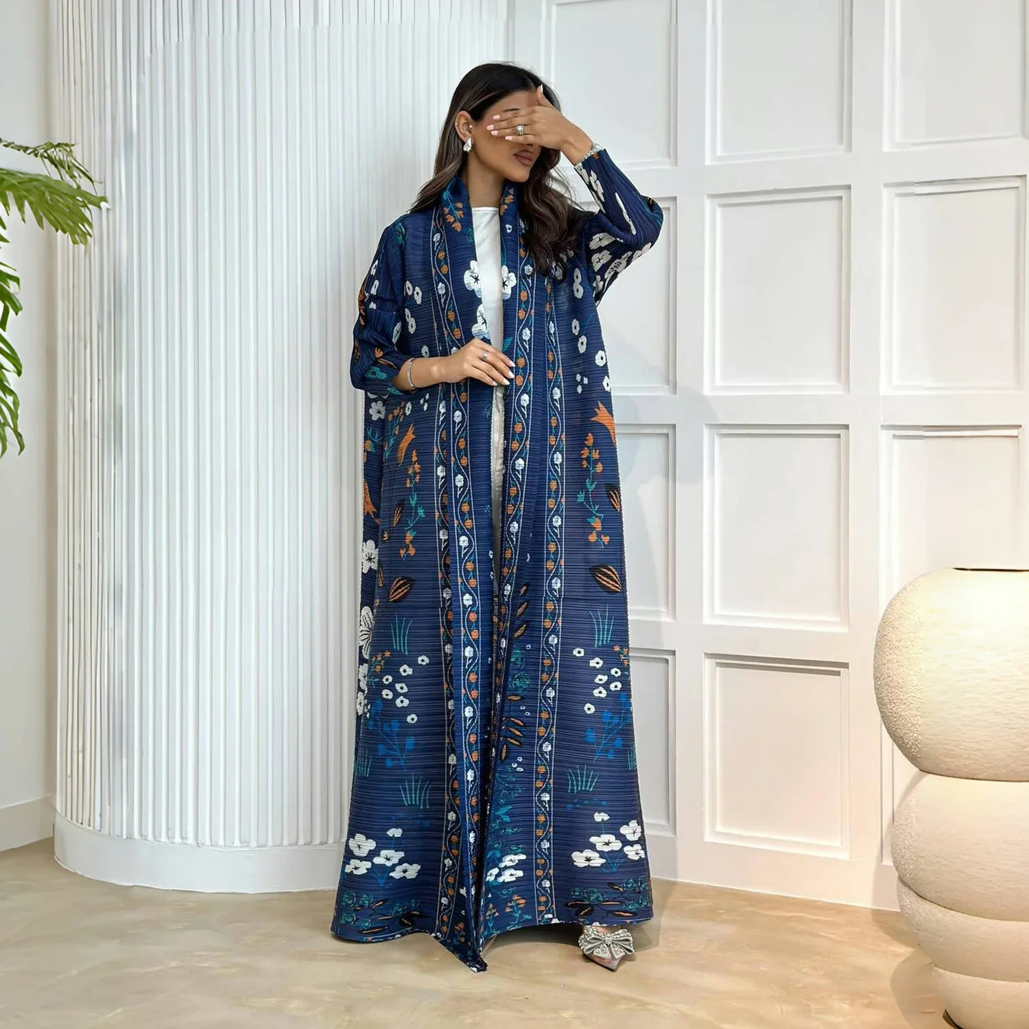 Pleats Clothing Manufacture Arabian Dubai Travel Clothing Women's Printed Middle Eastern Robe Large Size Pleated Belt Casual Long Muslim Abaya Women's Robe 1