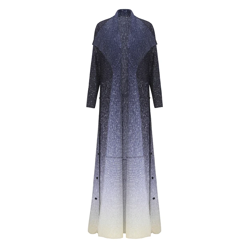 Miyake Plissee Turndown Kragen Zweireiher Taste Langarm Farbverlauf Abaya Frauen 2024 Neue Abaya Hohe Qualität Abaya 1