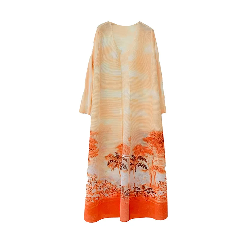 Latest Evening Dress Dubai Pleated Long Coat Printed Long Overlay Women's Floor-length Robe Middle Eastern Women's Robe 5