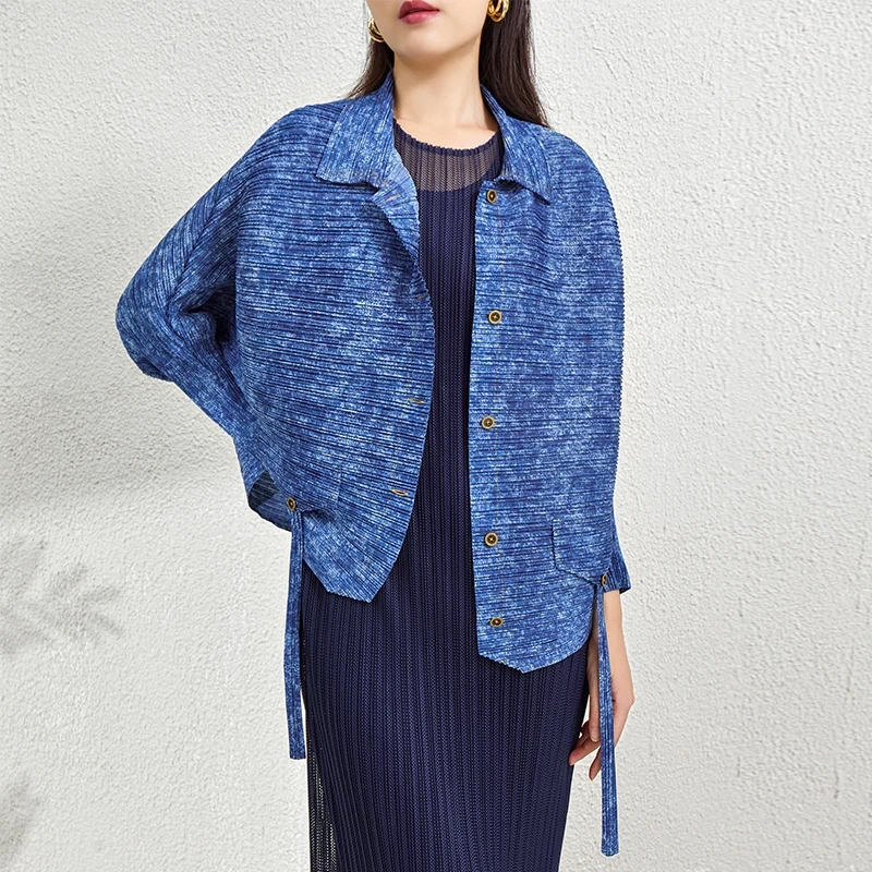 Miyake haut boutonné plissé femmes chemises 2024 col rabattu Style Denim chemise 1