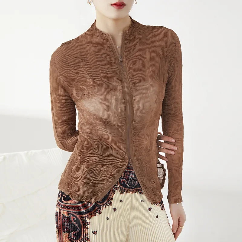 2023 sommer Neueste Mode Tops Transparent Chiffon Strickjacke Hemd Miyake Gefaltete Langarm Bluse 1