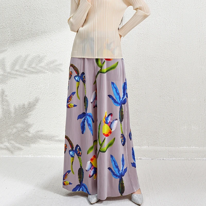 High Quality Miyake Pleated Pants Women Loose Long Wide Leg Pants Printed High Waist Women Casual Pants 1