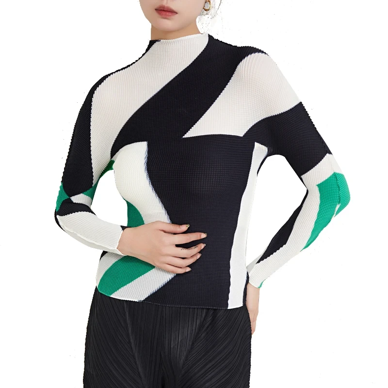2023 neue Mode Miyake Gefaltete Top Frauen Plissee Druck Hemd Casual Stil Elastizität Langarm Bluse 1