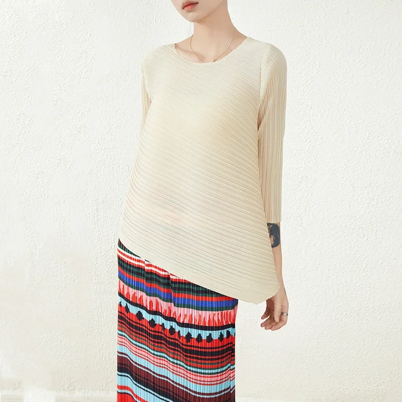 Slim Long Sleeve Top Pure Color All-match Women Long-sleeved  Pleated T-shirt 1