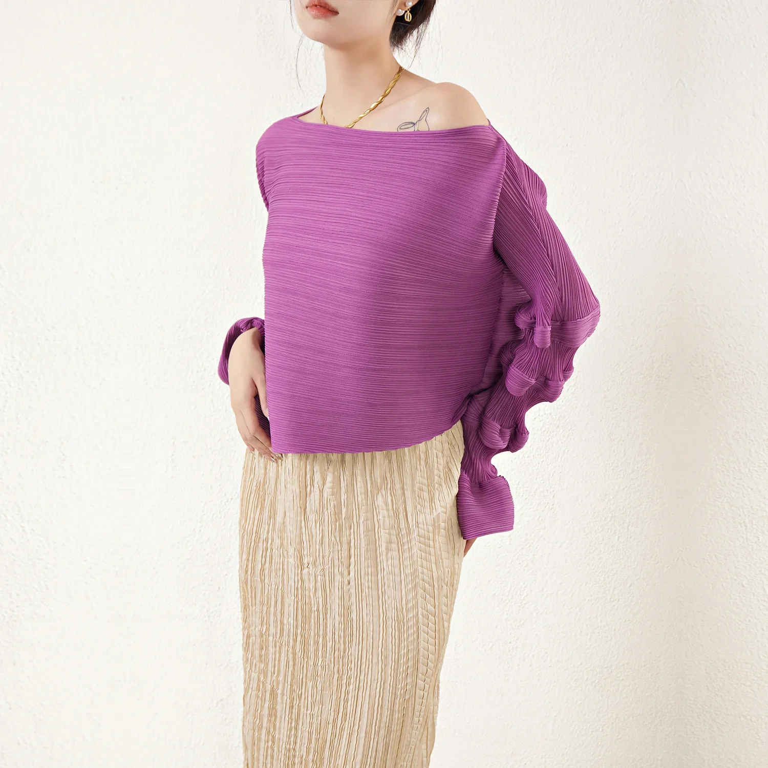 Miyake Pleated New Casual Tops Wavy Sleeves Printed Design Long Sleeve Elegant Women's Tops Lady Clothes 1