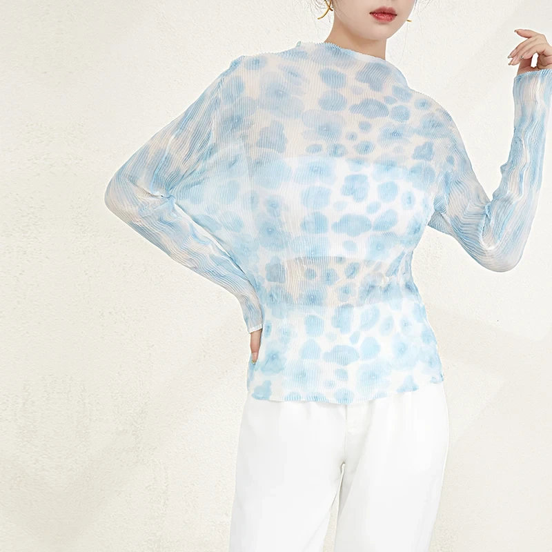 Miyake Pleated Top Women's Fashion Chiffon Shirt Polka Dot Long Sleeve T-shirt Casual Style Transparent Pleated Blouse 1