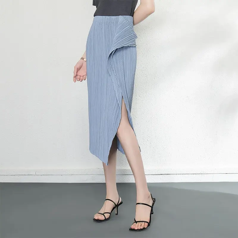 Miyake jupe plissée femme taille haute Joker été fine fente avant mince jupe droite 1
