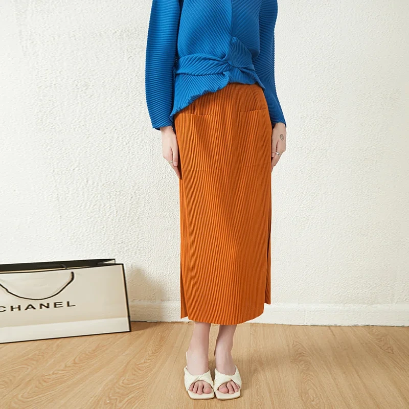 2022 New Miyake Fabric Pleated Slit Straight Skirt Women's High Waisted Skirt 1