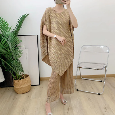 Miyake Plissé Ensemble 2024 Nouveau femmes Lâche Plissé femmes deux pièces Ensemble Jambe Large Décontracté Grande Taille Polyester Ensemble