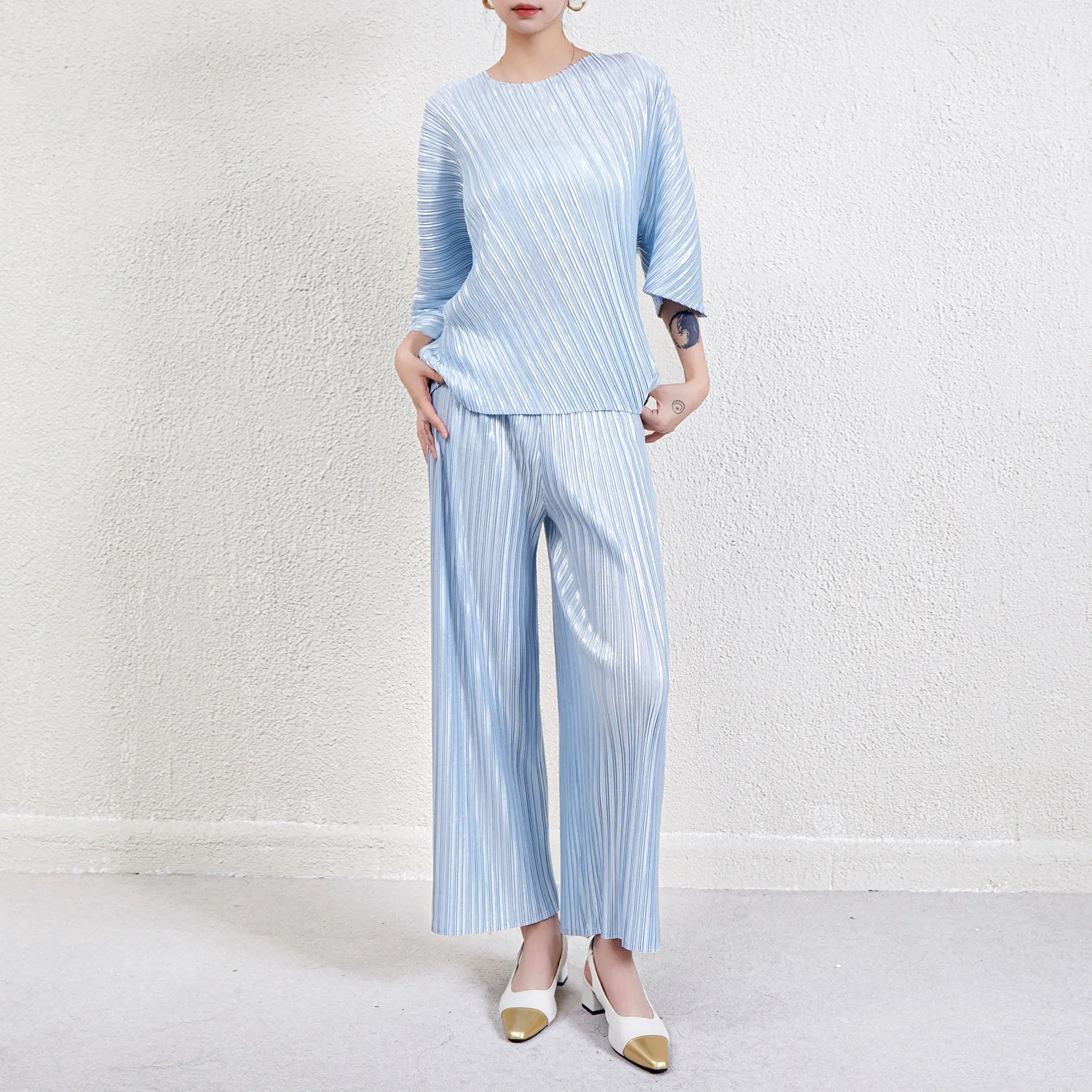 Miyake ensemble de mode de haute qualité pour femmes haut plissé ample et pantalon à jambes larges élastique ensemble plissé deux pièces 1