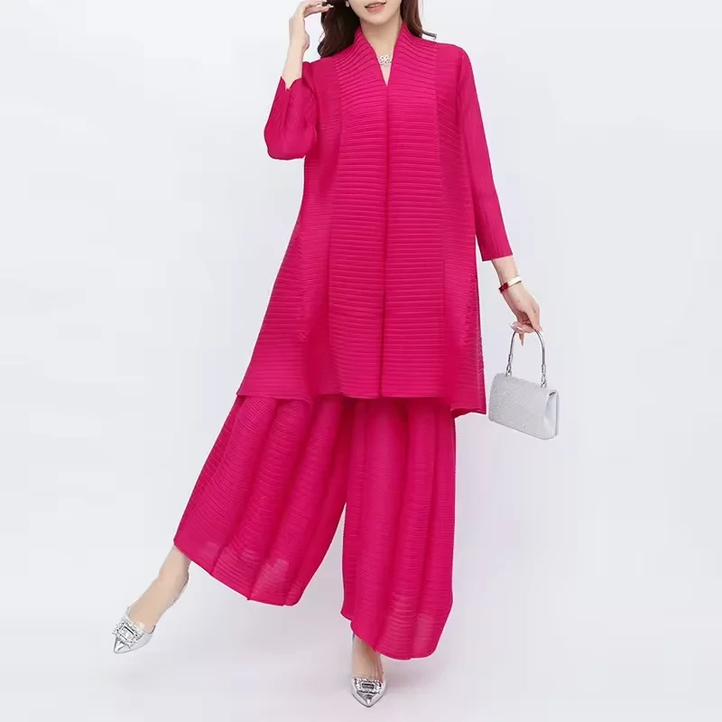 Miyake Plus Größe Plissee Set Weibliche 2024 Neue Casual Mode Lose Top Breite bein Hosen Frauen Plissee Zwei-stück Set 1