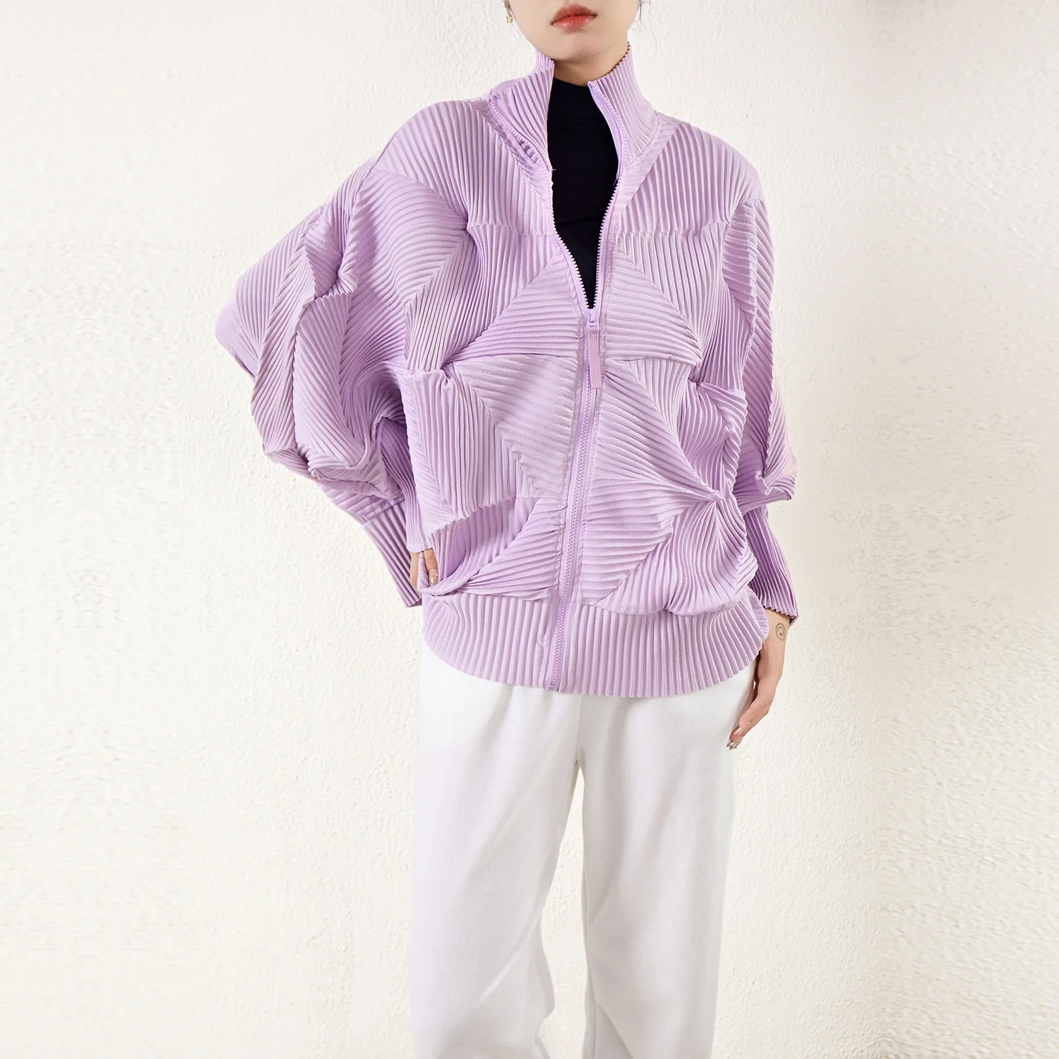 2024 High Quality Miyake Pleated New Women's Top Coat Zipper Irregular Design Loose Comfortable Casual Women's Jacket 1