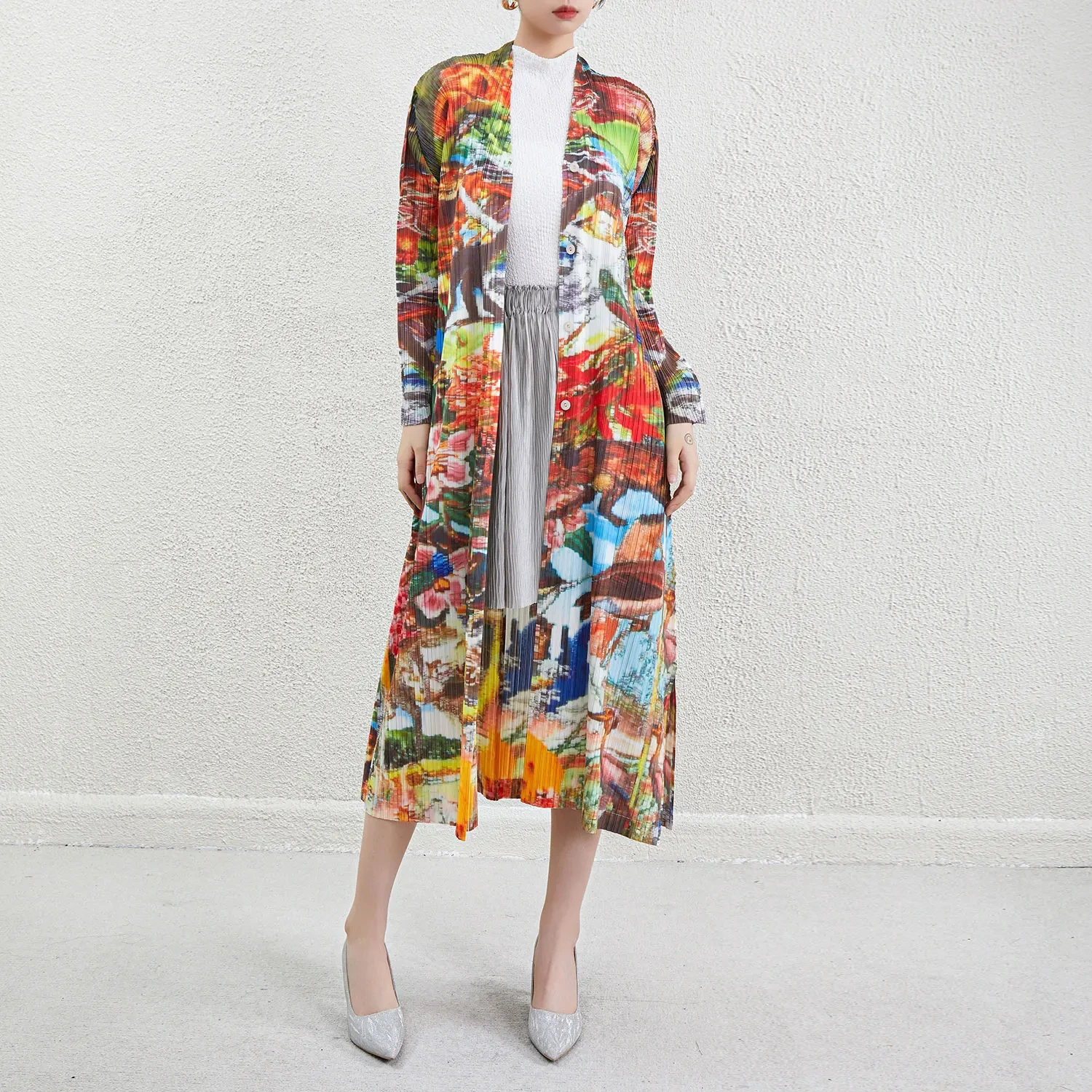 Frauen Langen Mantel 2024 Neue Nahen Osten Stil Plissee Gedruckt Casual Mantel Gedruckt frauen Robe 1