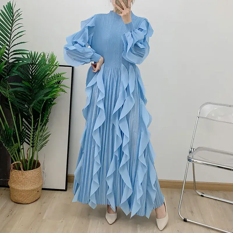 Pleated Ruffle Asymmetrical Crepe Gown 100% Polyester - - Pleats Clothing 2