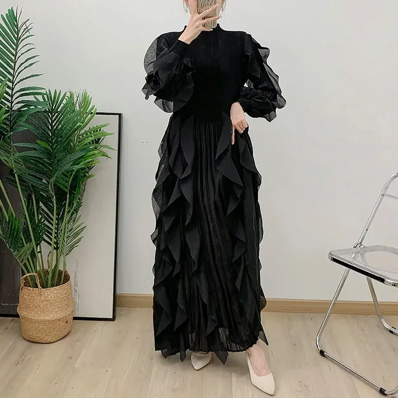 Pleated Ruffle Asymmetrical Crepe Gown 100% Polyester - - Pleats Clothing 6