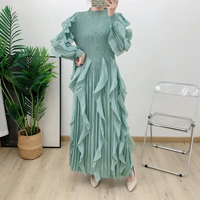 Pleated Ruffle Asymmetrical Crepe Gown 100% Polyester - - Pleats Clothing 3